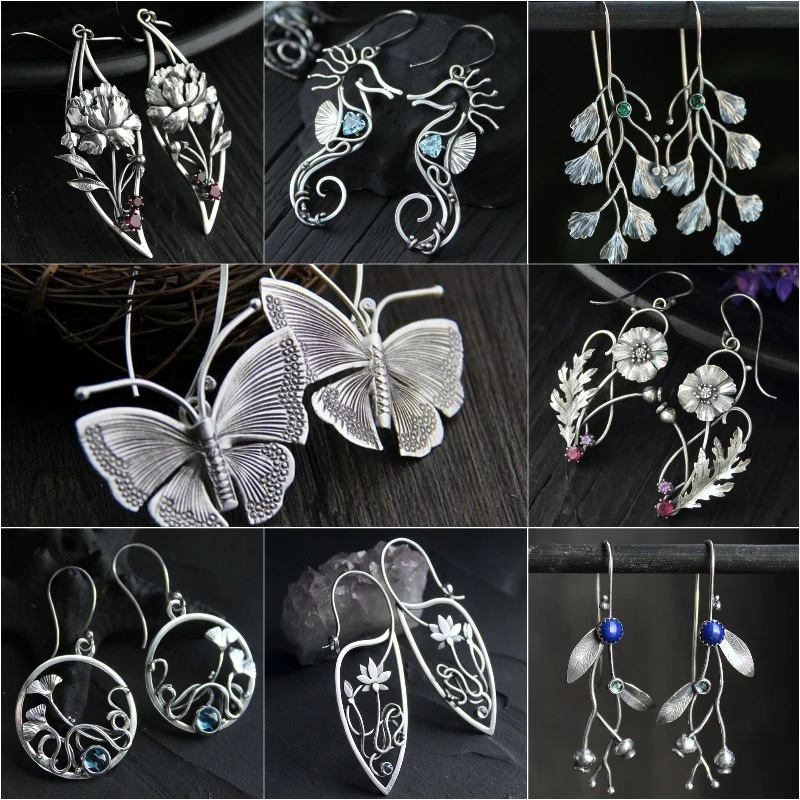 

Vintage Silver Flower Earrings Ethnic Metal Round Carved Plant Blossom Plant Inlaid Green Stone Dangle Hook Earrings for Women