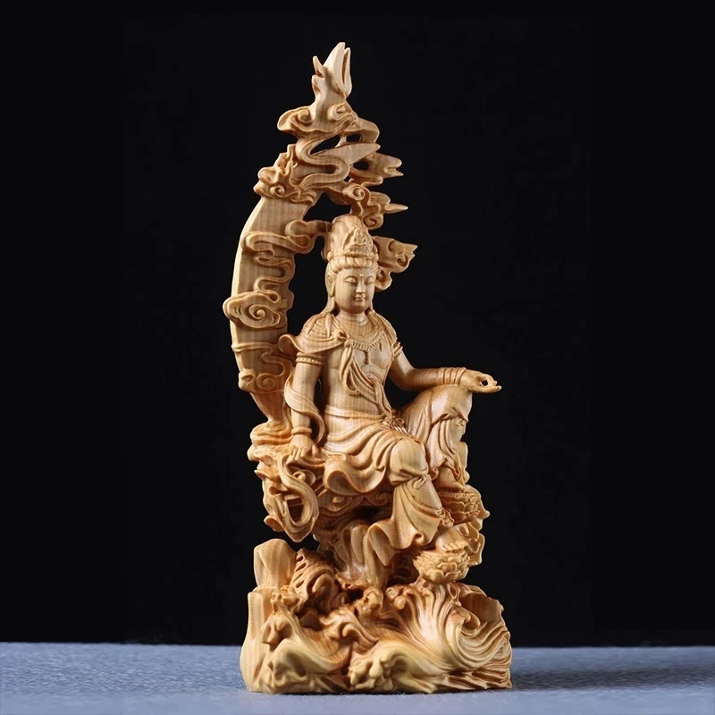 Boxwood 17cm Guanyin Sculpture Wood Goddess of Mercy Buddha Statue Moon Guan Yin Home Decor