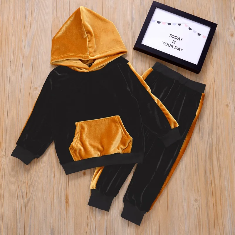 

Спортивный костюм из 2 предметов, толстовка с капюшоном, повседневные черные брюки, хлопковый пуловер с капюшоном, костюм для детей, одежда для маленьких девочек на осень и зиму