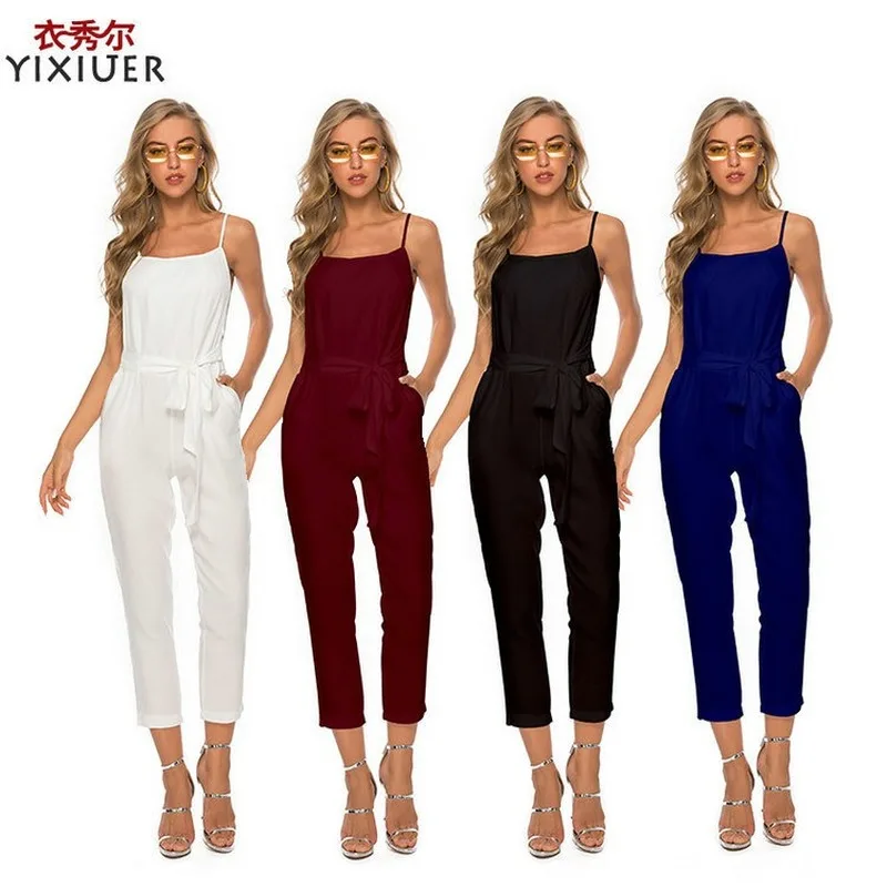 

Комбинезон женский летний однотонный из хлопка и льна с карманами и высокой талией