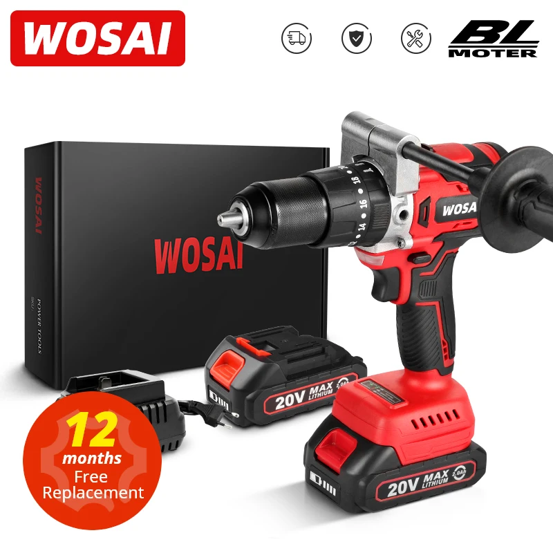 WOSAI MT-Series 125N.m 20V Brushless Electric Drill 13mm Cordless Drill Hammer Li-ion Battery Electric Power Screwdriver