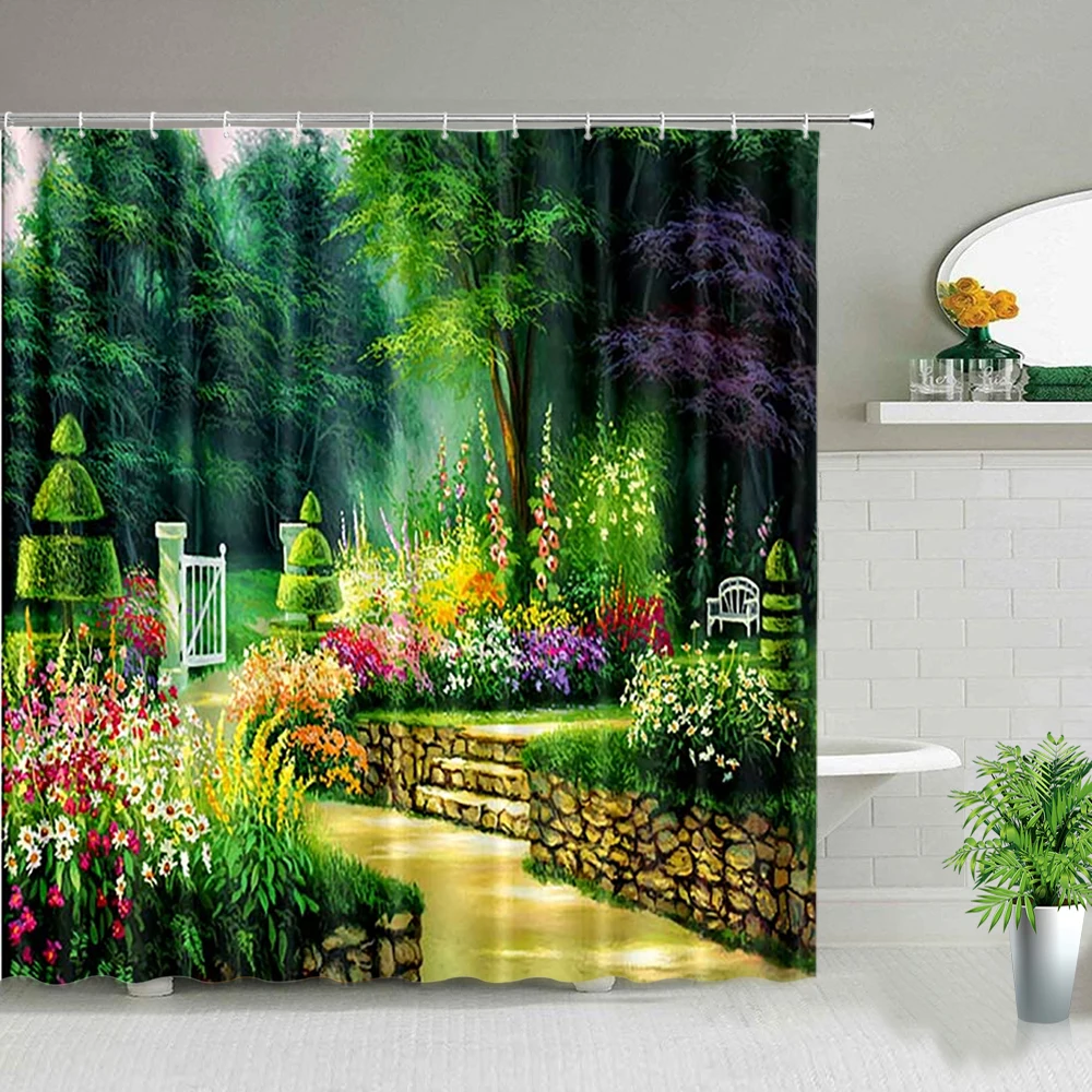 

Colorful Flowers Green Plant Shower Curtain Fantasy Garden Floral Trees Meadow Nature Scenery Bathroom Bath Curtains with Hooks