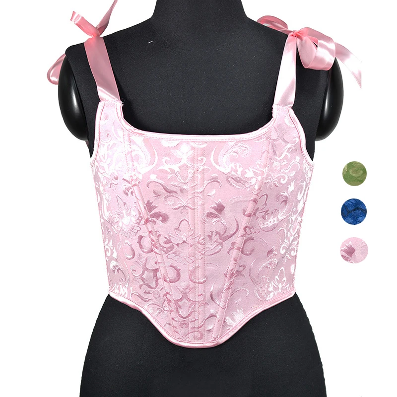 

Women's Corset Over Bust Lace Up Slimming Vintage Bustiers Fishboes With Straps Jacquard Short Style Gather Breast