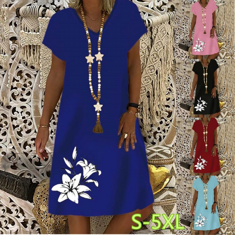 Новинка лета 2022 женское платье с коротким рукавом и принтом лилии повседневное