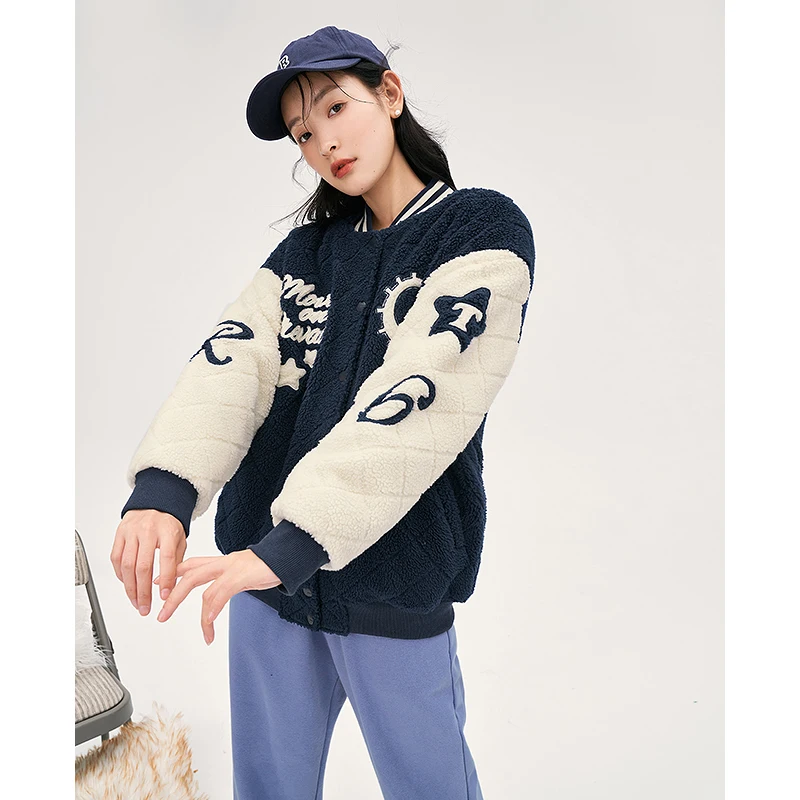 Toyouth Women Baseball Jackets Uniform 2022 Winter Long Sleeve Thick Plush Coat Graphic Print Preppy Style Warm Casual Tops