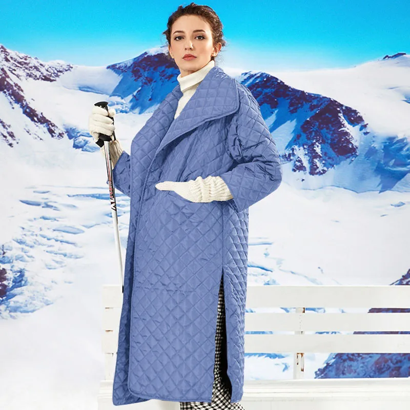 Ardm Large Lapel Diamond Lattice Black Winter Jacket Women 2022 Long Sleeve Quilted Coats Side Slit Cotton Outerwear