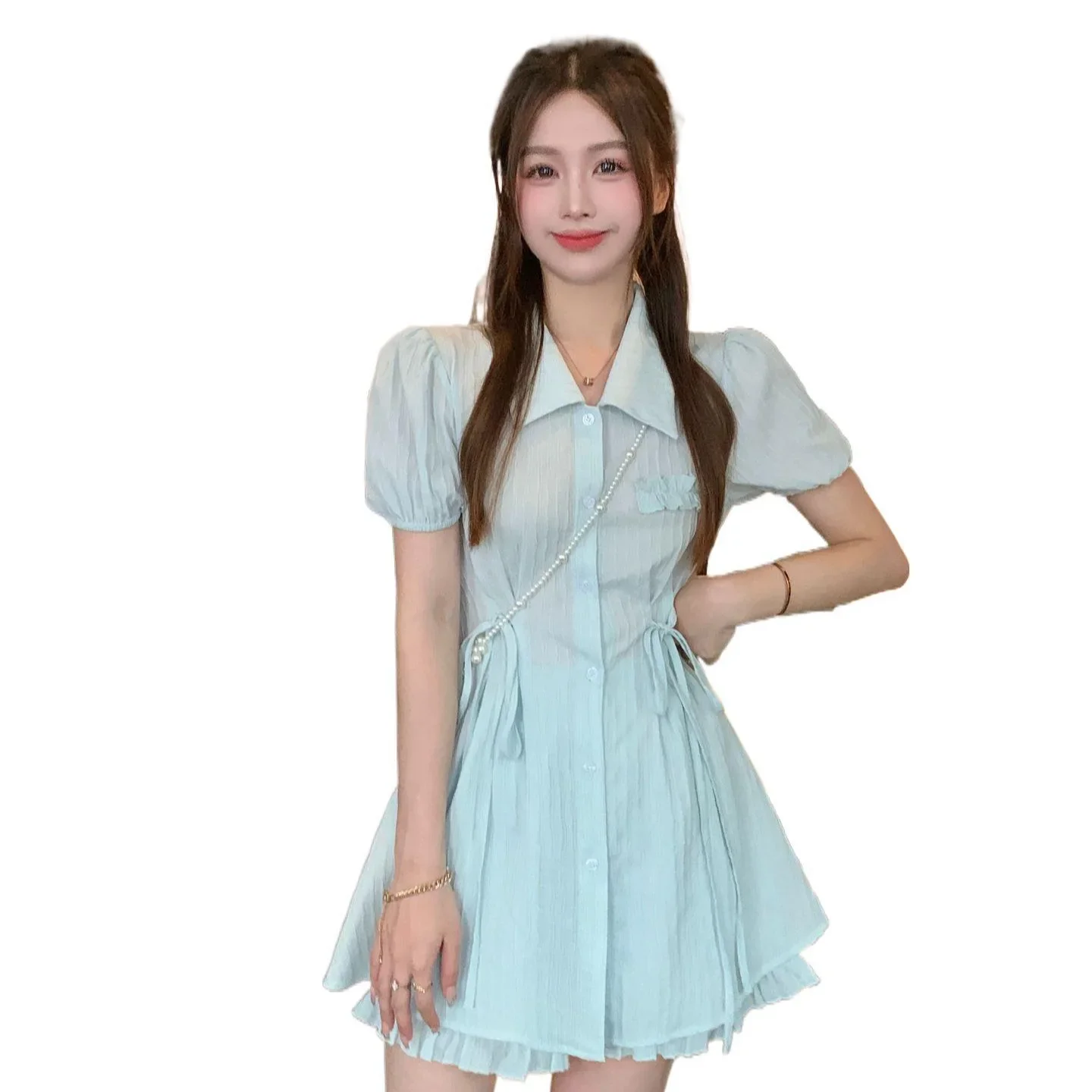 Синее платье-рубашка во французском стиле с высокой талией и короткими рукавами