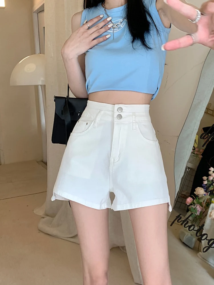 New Streetwear Female Wide Leg Asymmetrical High Waist Blue Denim Shorts Summer Women Loose Button Jeans Shorts