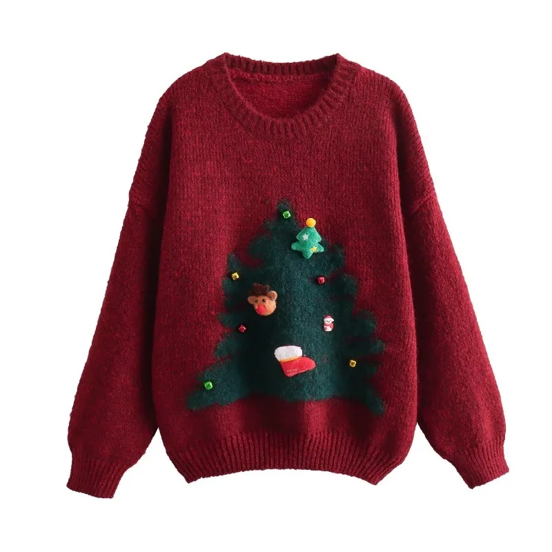 

TRAF ZR Christmas Sweater Women 2024 O-neck Pullovers Knit Y2k Knitwears Winter Sweaters Ladies 2023 Knitted Long Sleeve Top