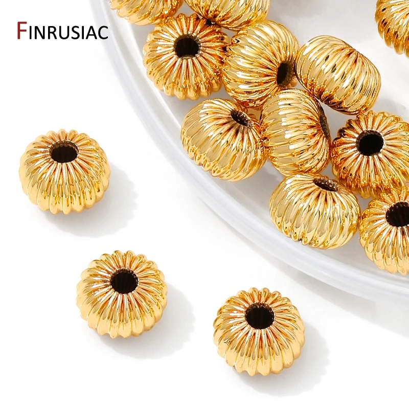 Фото разделители для бусин,14 К/18 К позолоченные латунные гофрированные плоские бусины, круглые бусины-разделители в форме тыквы 4/6/8 мм для изготовления браслетов и ожерелья своими руками, аксессуары №2