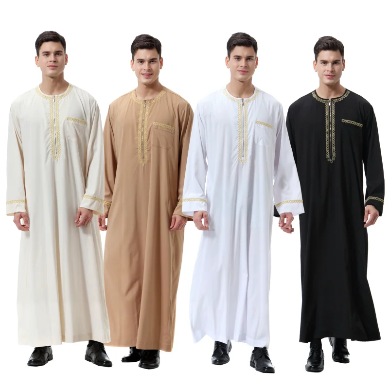 

Middle East Muslim Men Clothing Solid Color Long Sleeve Round Neck Thobes for Men Zipper Expensive Jubba Men for Saudi Arabia