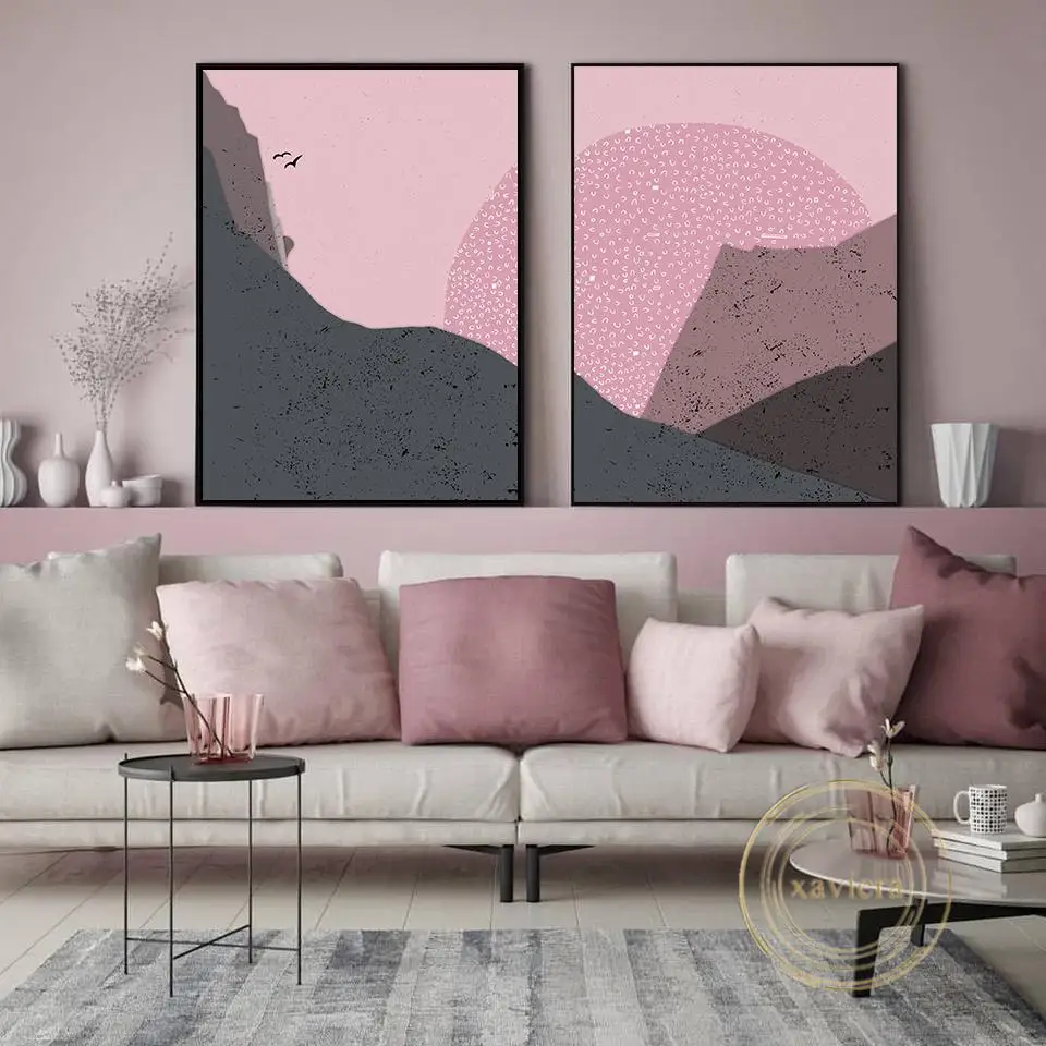 

Pink Mountains Romantic Landscape Canvas Painting 2 Pieces Nordic Abstract Wall Art Posters and Prints Home Decor Living Room