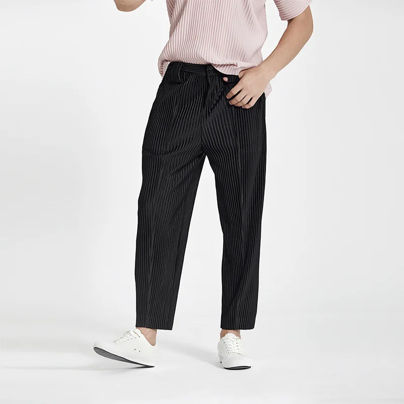 

Miyake Pleated Elastic Waist Casual Stretch Cropped Trousers Men's Japanese Tide Brand Pleated Trousers Loose Drape Harem Pants