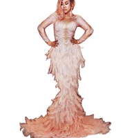 pink feather dresses sparkling rhinestones long trailing fishtail dress ladies nightclub performance dance costume elegant wear