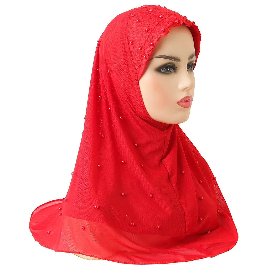 H078 high quality two layers net material muslim Al amira hijab with beads pull on islamic scarf head wrap headweaer soft fabric