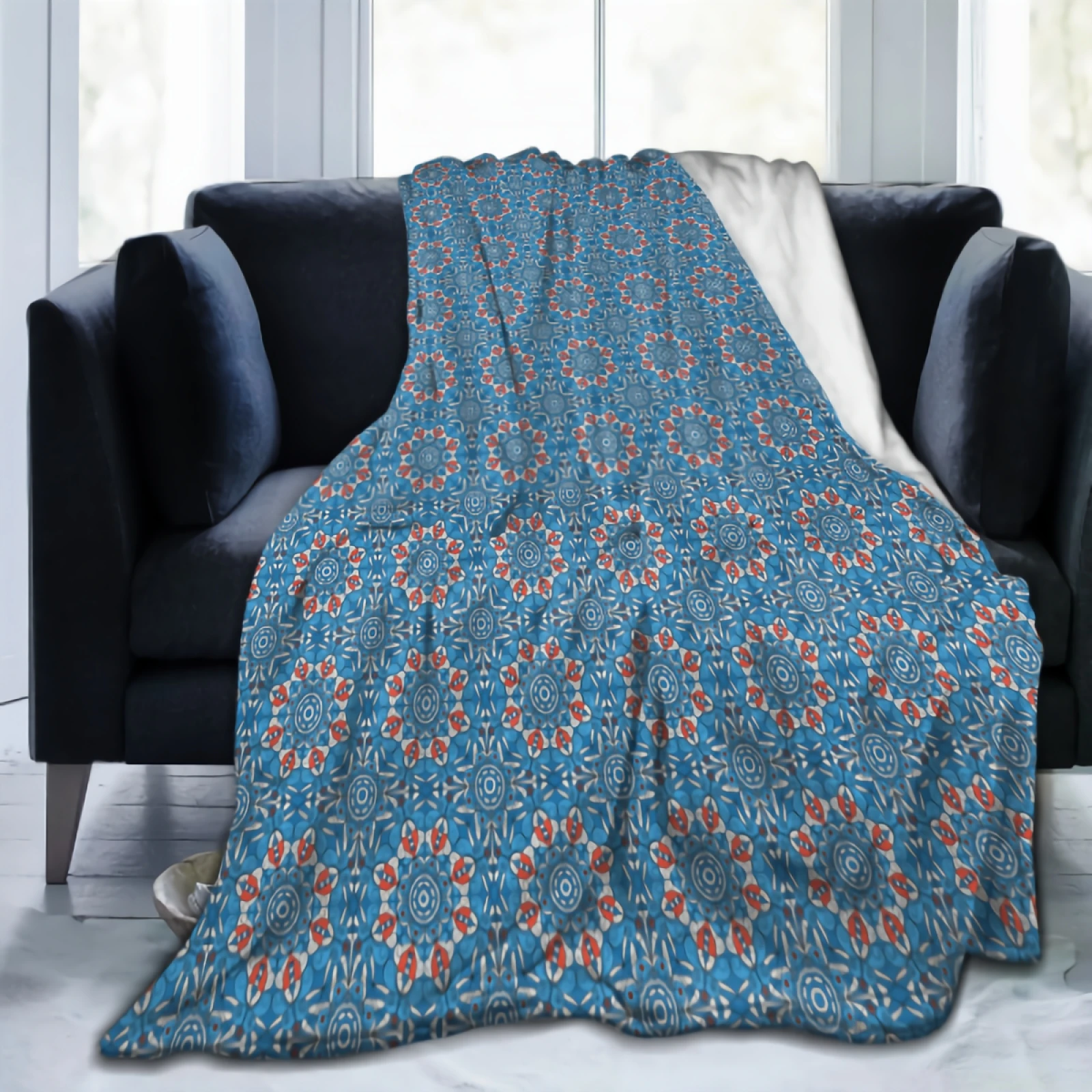 

Geometric Blue Thick Flannel Blanket 80"x60" Breathable Warm Bed Sofa Couch Blanket Soft Throw Blanket for Kids Adults