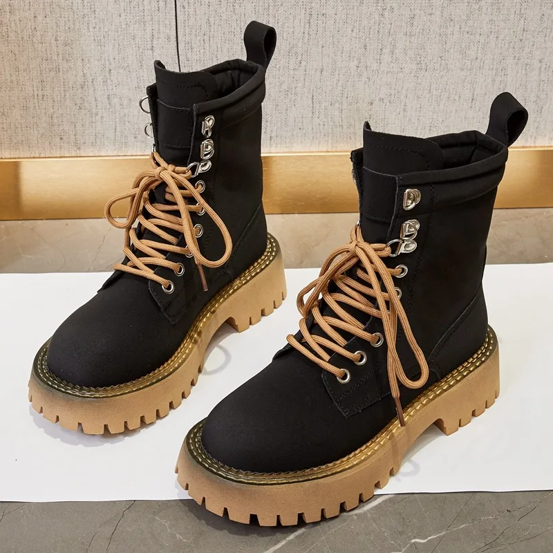 AIYUQI Women's Ankle Boots Genuine Leather 2023 New Yellow Marton Boots Women Platform Lace-up Booties Women