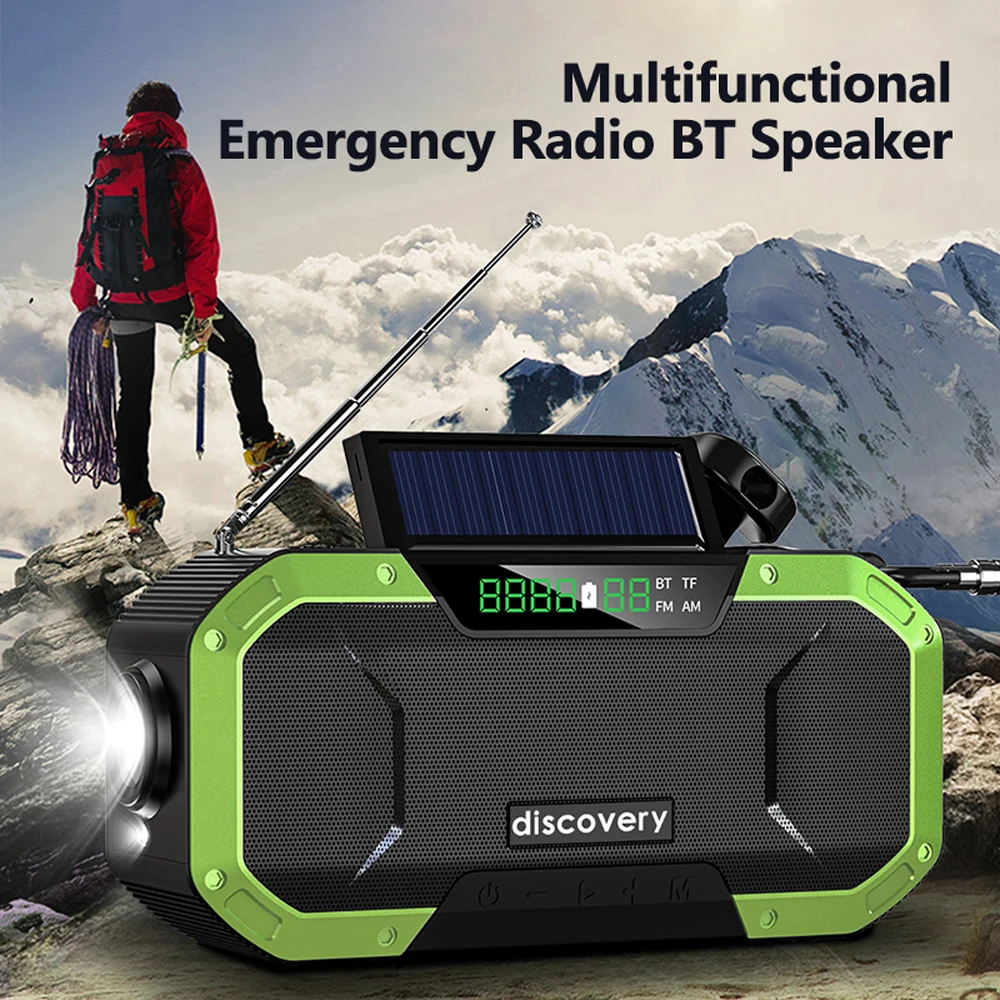 

BT FM/AM Radio Portable IPX6 Waterproof Hand Crank Solar Multifunction Emergency Bluetooth Speaker Support SOS