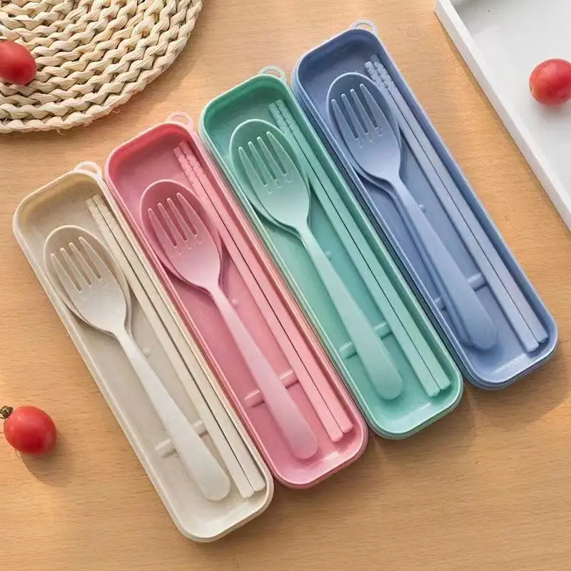 

3PCS/Set Spoon Fork Chopsticks Set Wheat Straw Dinnerware Lunch Tableware With Box Dinner Cutlery Portable Kitchen Accessories