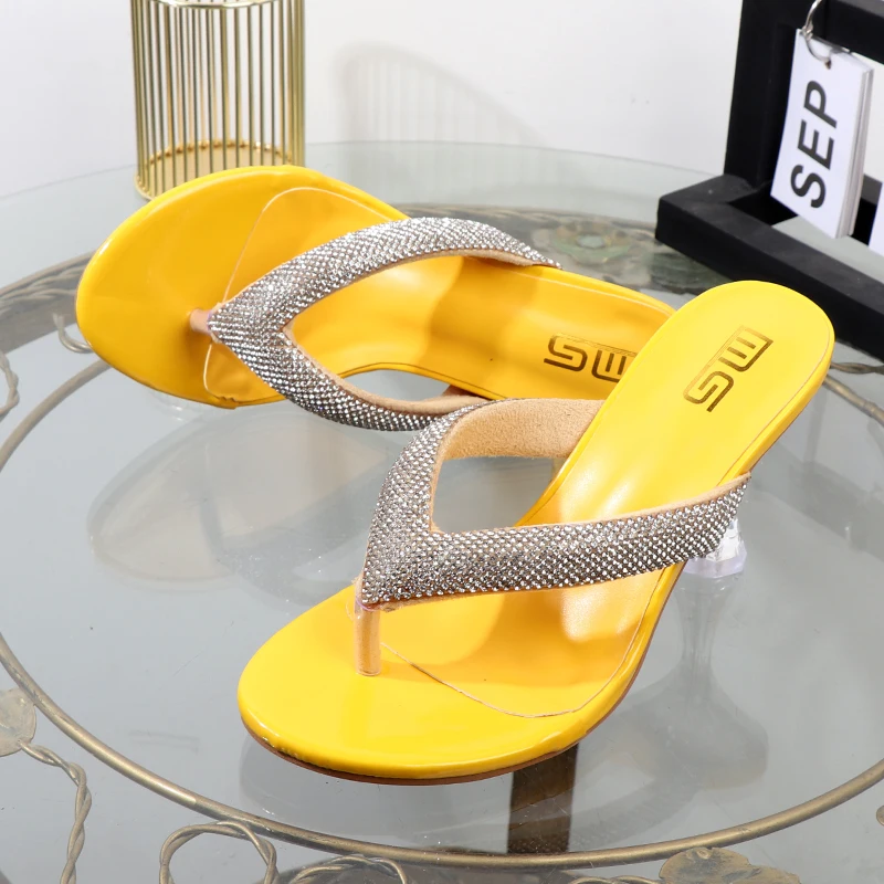 flip-flops 2023 new summer high-heeled rhinestone toe-clip slippers Transparent thin-heeled solid-color heeles shoes 8CM