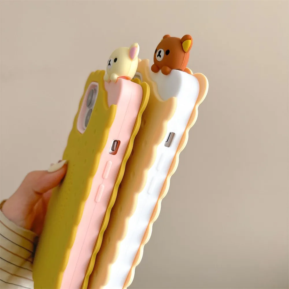 Sandwich Rilakkuma Bear Biscuit phone case For iPhone 15 Pro Max 14 Plus 13 12 11 Soft Silicone Cover