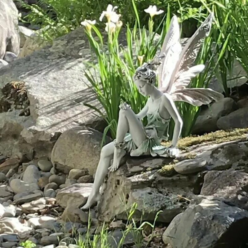 

Fairy Garden Guardian Angel Decor Lawn Fairy Sitting Statue Ornament Decor Miniature Outdoor Backyard Winged Fairy Sculpture