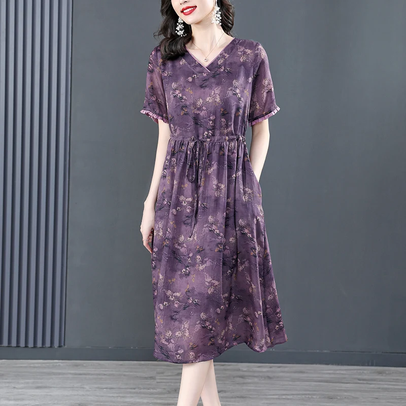 

Женское свободное жаккардовое платье, фиолетовое жаккардовое платье с V-образным вырезом, поясом и коротким рукавом, большие размеры, весна-...