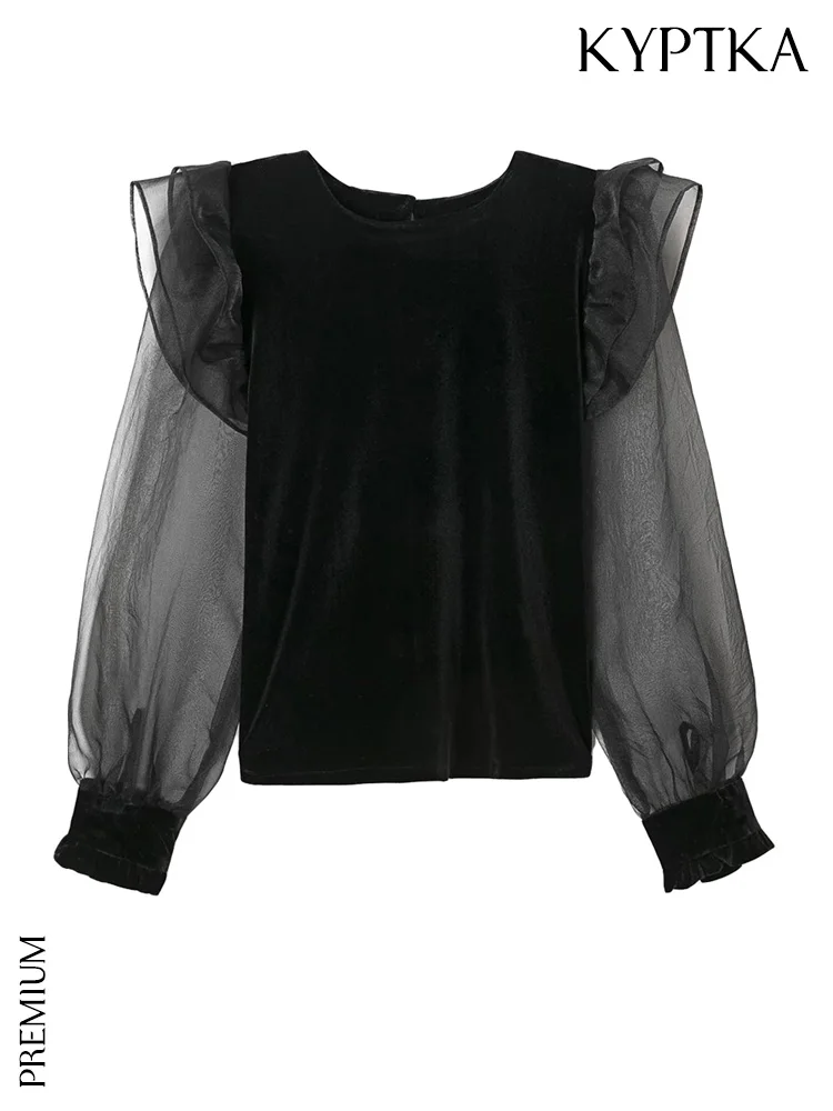 

KYPTKA Women Fashion Patchwork Ruffles Velvet Blouse Vintage O Neck Long Sleeve Female Shirts Blusas Chic Tops