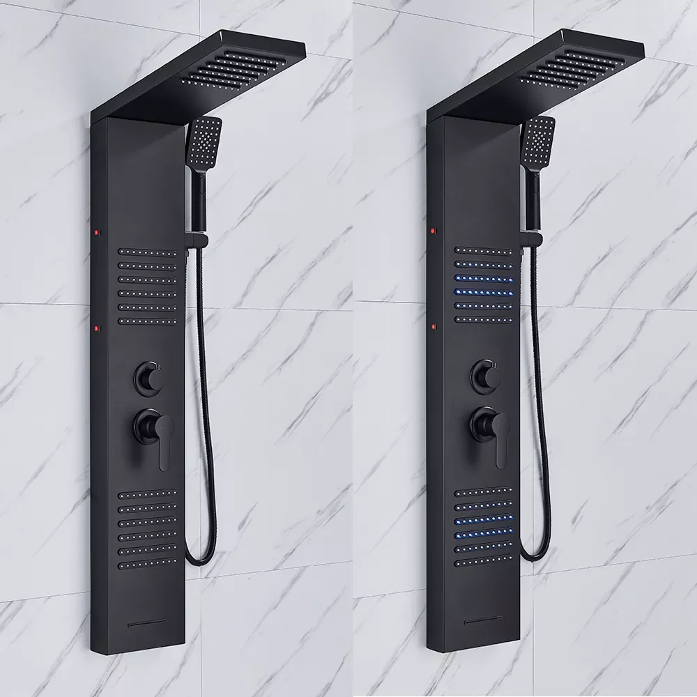 

Matte Black LED Shower Panel Waterfall Rain Shower Faucet Set SPA Massage Jet Bath Shower Column Double Handle Mixer Tap Tower