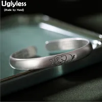 Uglyless Solid 999 Pure Silver Little Elephant Bangles for Women Heart Sutra Buddhistic Open Bangles Thai Silver Jewelry BA583