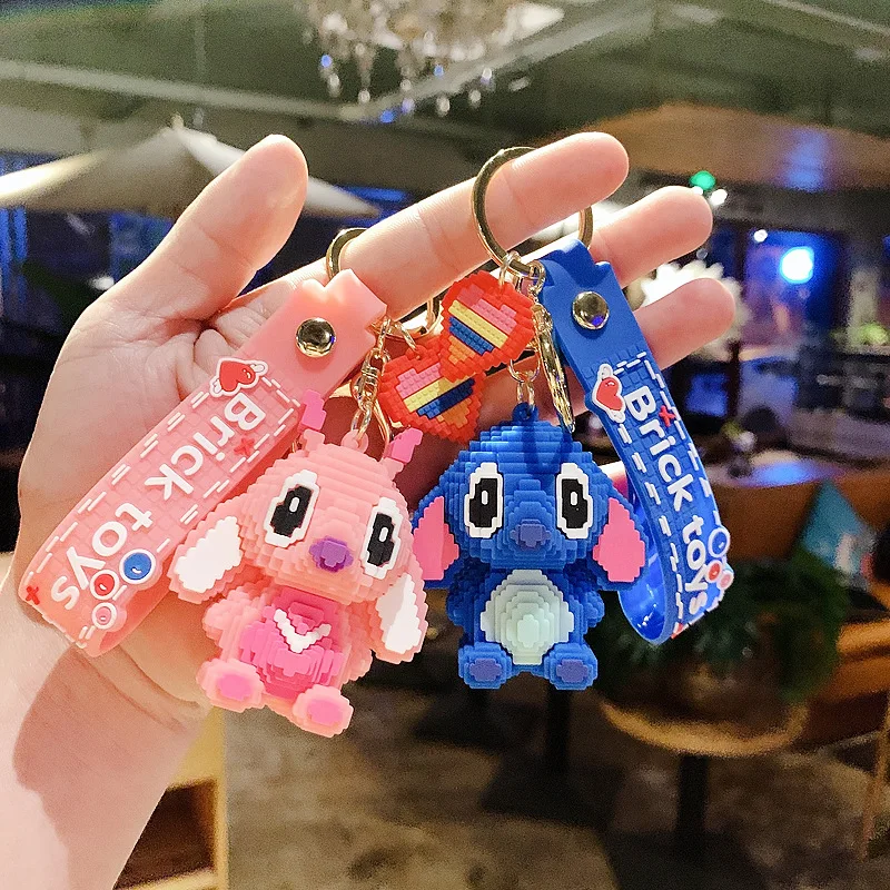 

Disney New Cartoon Stitch Pvc Originality Building Block Shape Keychain Kawaii Bag Pendant Doll Decorate Children's Toys Gift