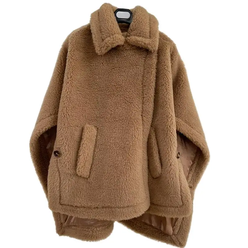 

Real Fur Short Cloak Coat Lady 100% Wool Content Woven Fabric Thick Warm Teddy Overcoat Loose Cozy Outerwear Streetwear Oversize