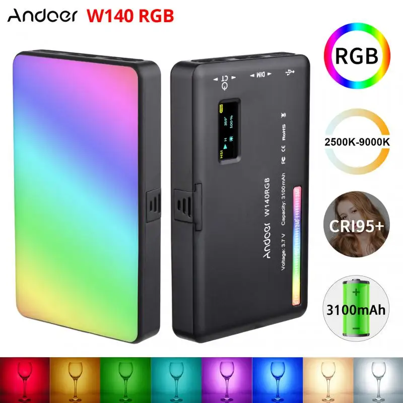 

W140RGB светодиодная RGB-вспышка для видеосъемки 0-360 °, полноцветсветодиодный, от 2500 до 9000K, 8 Вт, 3100 мА/ч, светильник шка для фотокамеры, приглушаем...