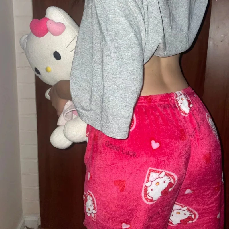 

Sanrio Pajama Pants Hello Kitty Woman Autumn Winter Flannel Casual Pants Cartoon Sweet Flannel Student Warm Casual Pants