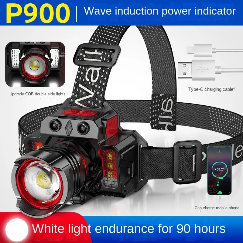 

LED Headlamp Strong Light Rechargeable Lantern Long-Range Waterproof Super Bright Night Fishing Induction Miner's Lamp