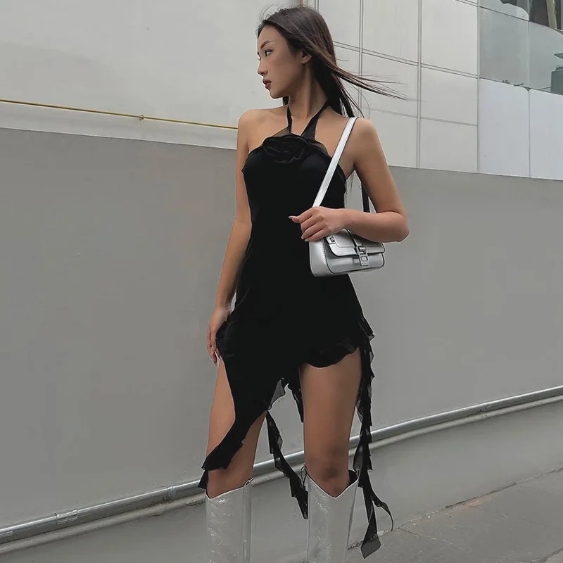 

Ruffle Ribbon Three-dimensional Flowers Halter Mini Dress 2023 New Summer Black Bodycon Dress for Women Club Streetwear