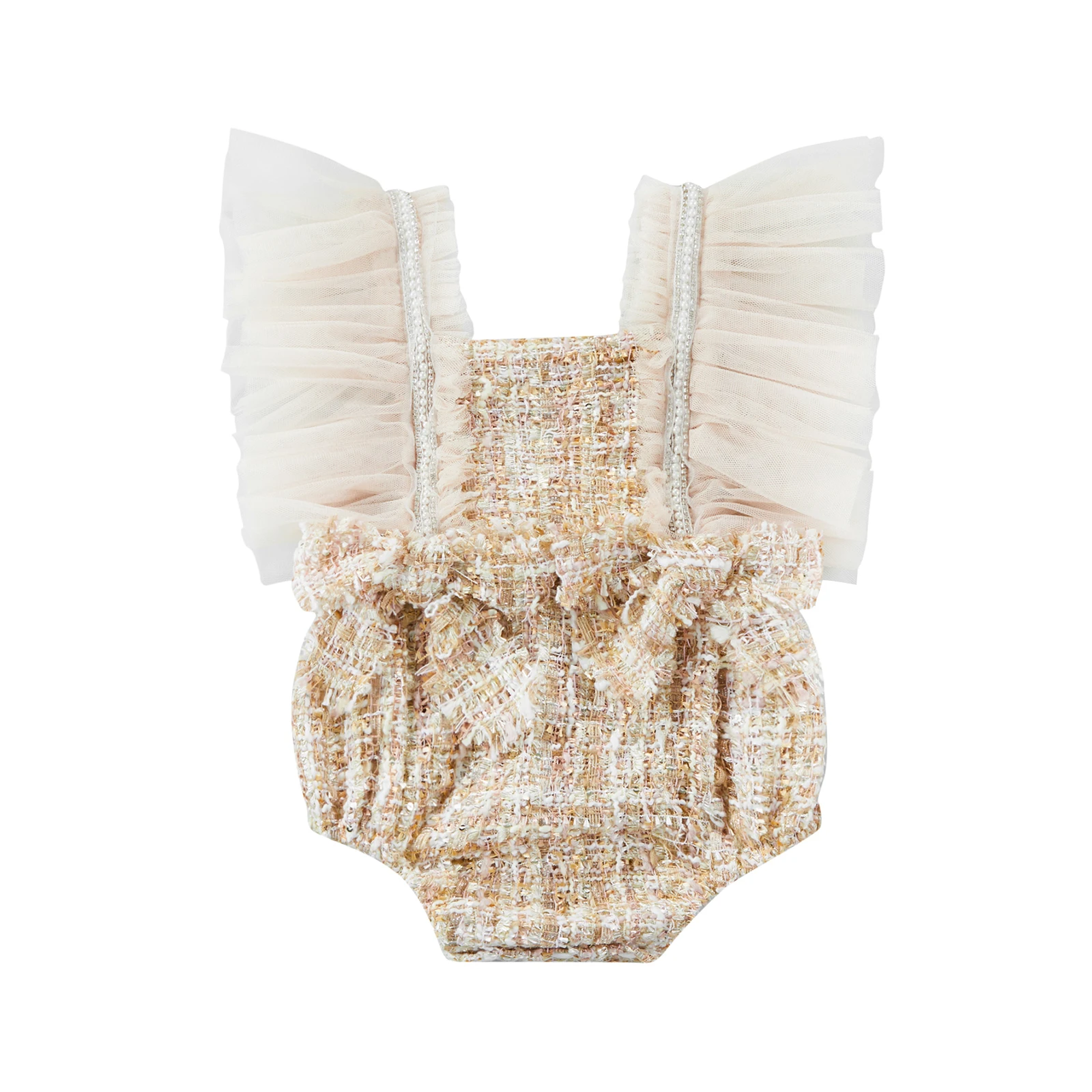 

Newborn Infant Baby Girls Cute Romper Embroidered Flower Daisy Print Ruffle Tulle Sleeve Backless Jumpsuit Bodysuit