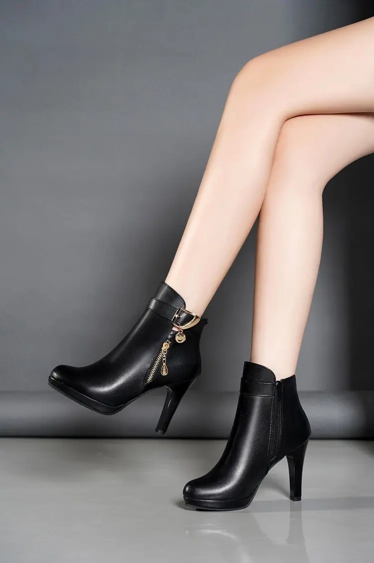 Women Boots Short High Heels Shoes For Women Autumn Winter PU leather Stiletto heel ankle Ankle Boots Black Women Heels Boots