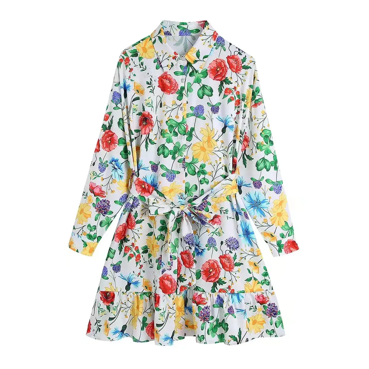 

SuperAen European and American Style Women's Wear New 2022 Laminated Decorative Printing Lapel Long Sleeve Belt Dress