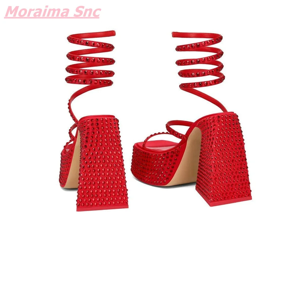 Summer New Red Women Sandals BlingBling Rhinestone Ribbon Square High Heel Open Toe Solid Casual Comfortable Modern Shoes 2022