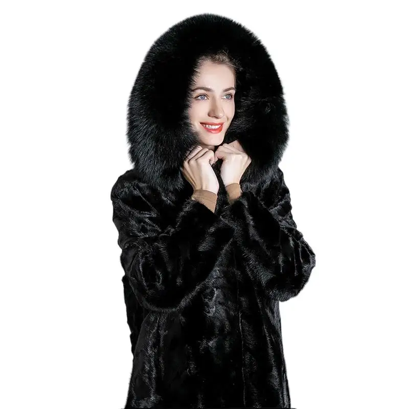 Female Real Mink Fur Long Coats Fox Fur With Hooded Design Real Fur Overcoat Women's Winter Luxury Warm Temperament Fur Outwear