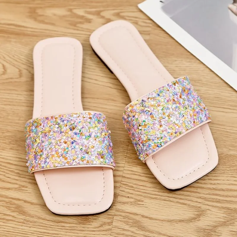 Women's Sequin Glamorous Single Band Sandals Rhinestone Decor Bling Flats Slides Outdoor Fashion Summer Sexy Beach Casual Shoes
