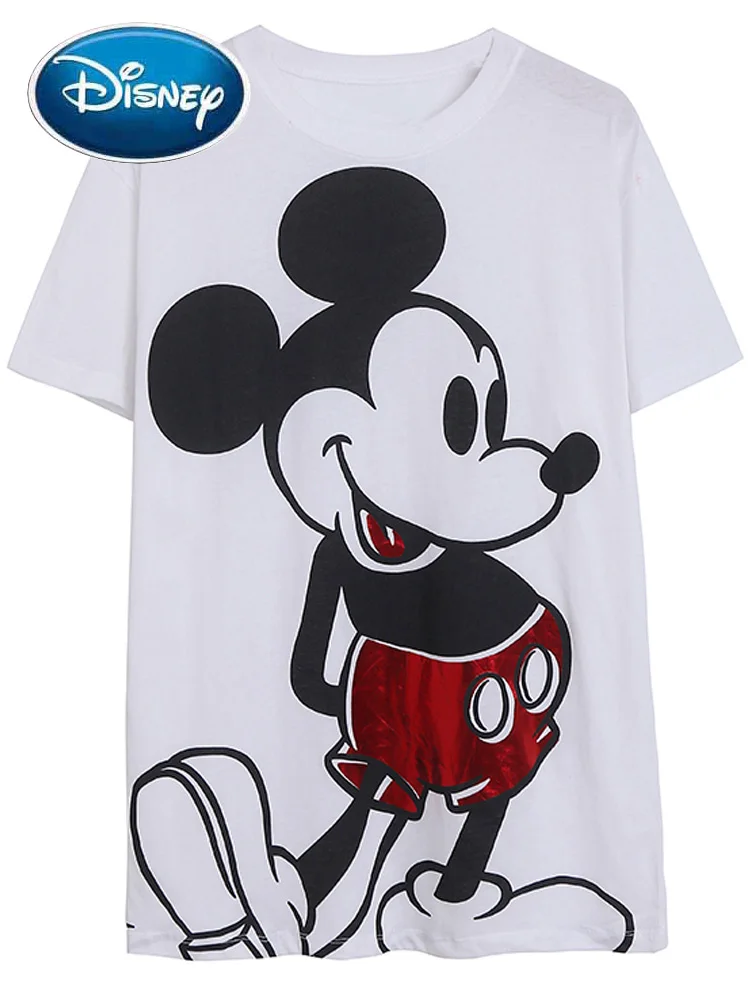 

Disney T-Shirt Fashion Mickey Mouse Cartoon Print Corduroy Patchwork Harajuku Women O-Neck Pullover Short Sleeve Tee Tops White