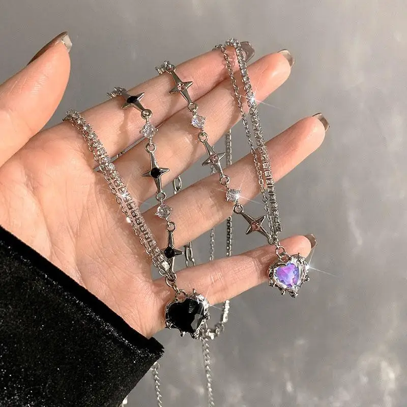 

Korea Fashion Purple Crystal Heart Pendant Necklace Women Light Luxury Girl Punk Grunge Clavicle Chain Y2k Aesthetic Jewery Part