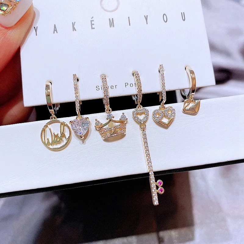 

SIPENGJEL Fashion 6 Piece Zirconium Delicate Zircon Heart Crown Pendant Earrings Vintage Gold Color Earrings for Women Jewelry