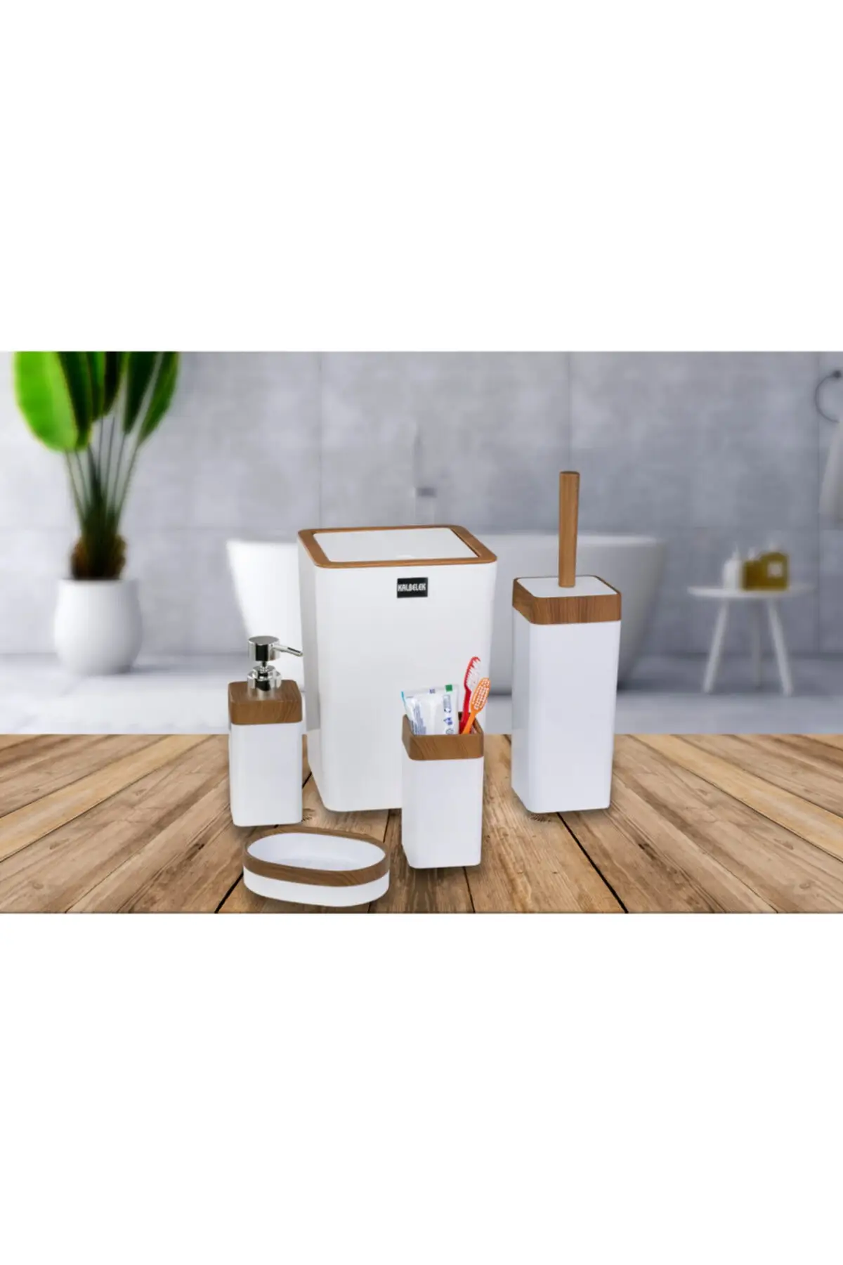 Lux 5 Pcs Aycrilic Bathroom Accessories White Wooden Set Toothbrush Holder Soap Dispenser Brush Liquid Soap Dispenser Trash Can enlarge