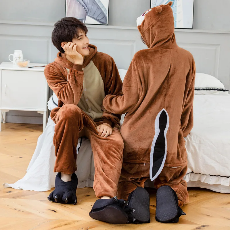 Men's Homewear Couple Pajamas Flannel Plus Velvet Thickening Can Be Outdoors Suitable For Four Seasons Casual Breathable Onesie