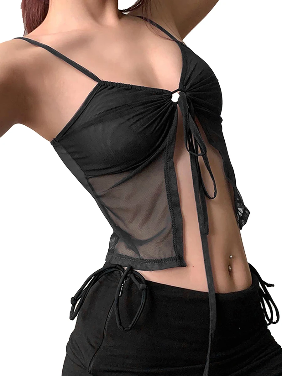 

Sexy Sheer Mesh Camisole with Front Drawstring and Cropped Sleeveless Design - Perfect Summer Fashion Tank Top for Streetwear