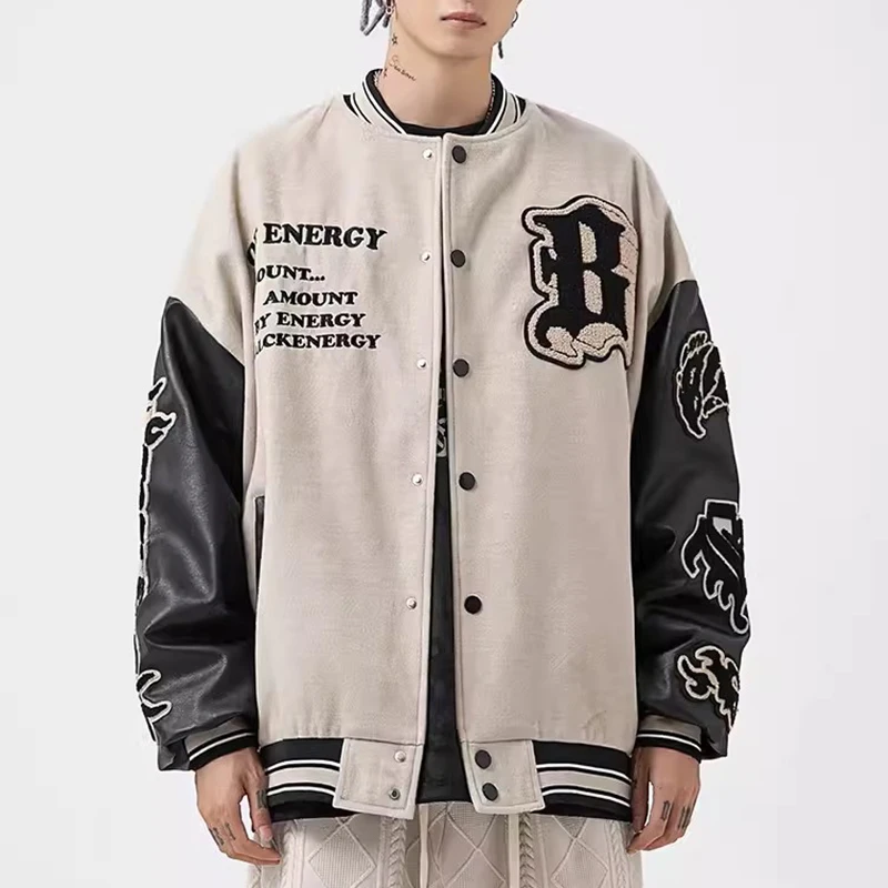 

Embroidery Bomber Jacket Men Women Flocking Hip Hop Loose Casual Patchwork Coat Unisex High Street Varsity Baseball Outwear 2023