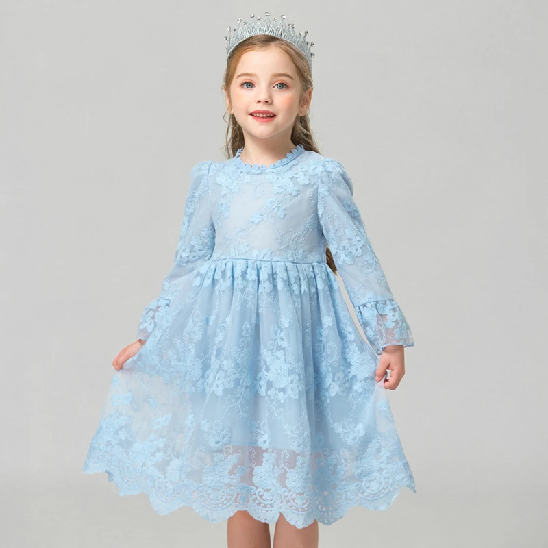 

Lace Mesh Girls Dress Flower Applique Dresses For Girls Princess Formal Party Dress Autumn Long Sleeves Girls Winter Dress 3-8T